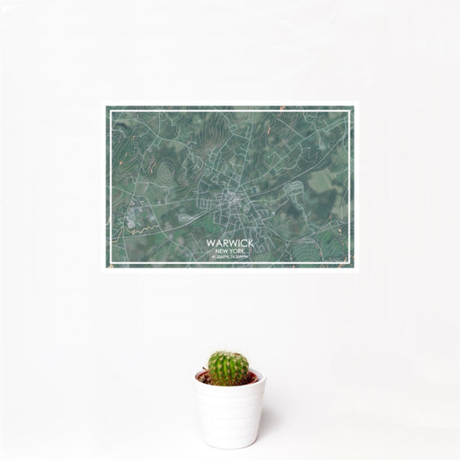 12x18 Warwick New York Map Print Landscape Orientation in Afternoon Style With Small Cactus Plant in White Planter