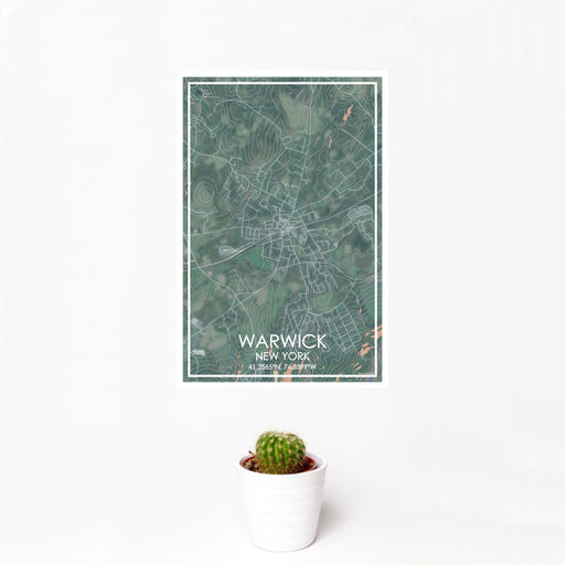 12x18 Warwick New York Map Print Portrait Orientation in Afternoon Style With Small Cactus Plant in White Planter