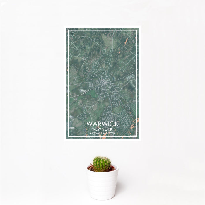 12x18 Warwick New York Map Print Portrait Orientation in Afternoon Style With Small Cactus Plant in White Planter