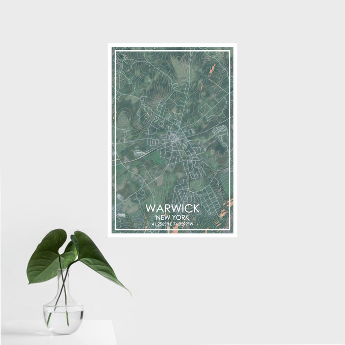 16x24 Warwick New York Map Print Portrait Orientation in Afternoon Style With Tropical Plant Leaves in Water