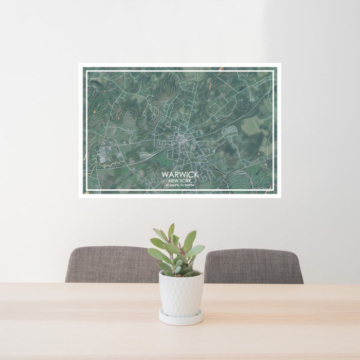 24x36 Warwick New York Map Print Lanscape Orientation in Afternoon Style Behind 2 Chairs Table and Potted Plant