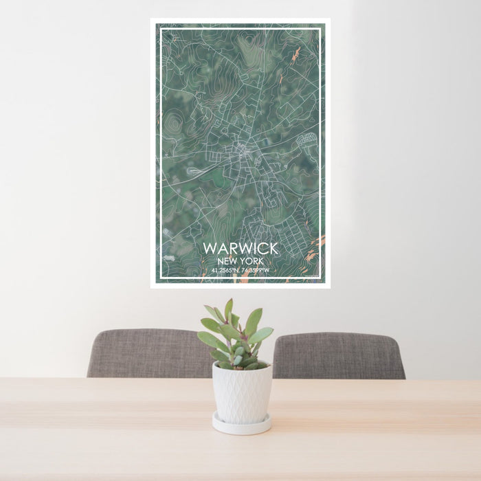 24x36 Warwick New York Map Print Portrait Orientation in Afternoon Style Behind 2 Chairs Table and Potted Plant