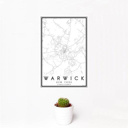 12x18 Warwick New York Map Print Portrait Orientation in Classic Style With Small Cactus Plant in White Planter