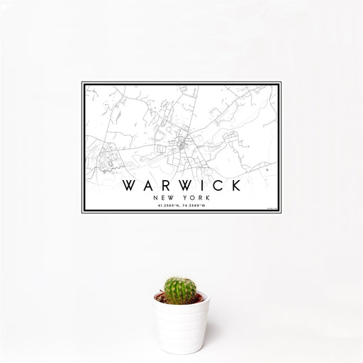 12x18 Warwick New York Map Print Landscape Orientation in Classic Style With Small Cactus Plant in White Planter
