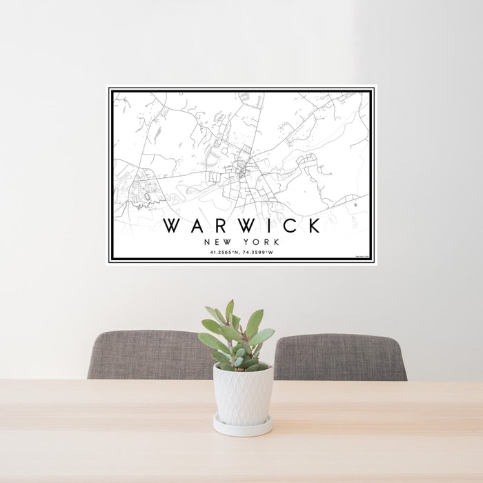 24x36 Warwick New York Map Print Landscape Orientation in Classic Style Behind 2 Chairs Table and Potted Plant