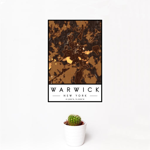 12x18 Warwick New York Map Print Portrait Orientation in Ember Style With Small Cactus Plant in White Planter