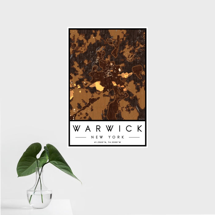16x24 Warwick New York Map Print Portrait Orientation in Ember Style With Tropical Plant Leaves in Water