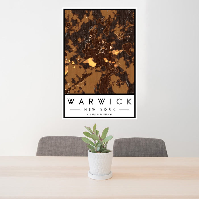 24x36 Warwick New York Map Print Portrait Orientation in Ember Style Behind 2 Chairs Table and Potted Plant