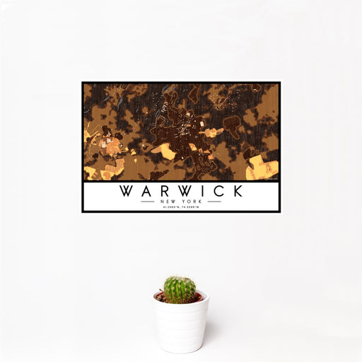 12x18 Warwick New York Map Print Landscape Orientation in Ember Style With Small Cactus Plant in White Planter