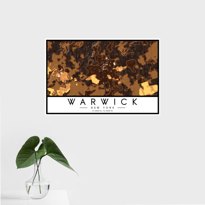 16x24 Warwick New York Map Print Landscape Orientation in Ember Style With Tropical Plant Leaves in Water