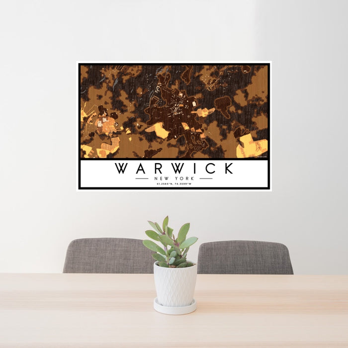 24x36 Warwick New York Map Print Landscape Orientation in Ember Style Behind 2 Chairs Table and Potted Plant