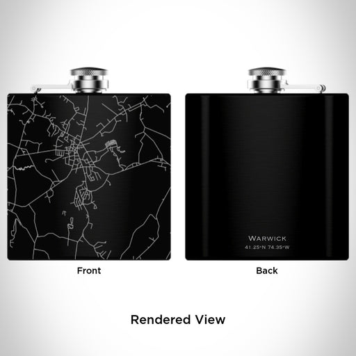 Rendered View of Warwick New York Map Engraving on 6oz Stainless Steel Flask in Black