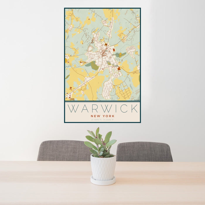24x36 Warwick New York Map Print Portrait Orientation in Woodblock Style Behind 2 Chairs Table and Potted Plant