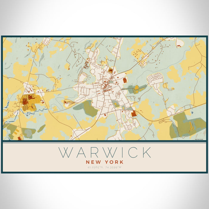 Warwick New York Map Print Landscape Orientation in Woodblock Style With Shaded Background