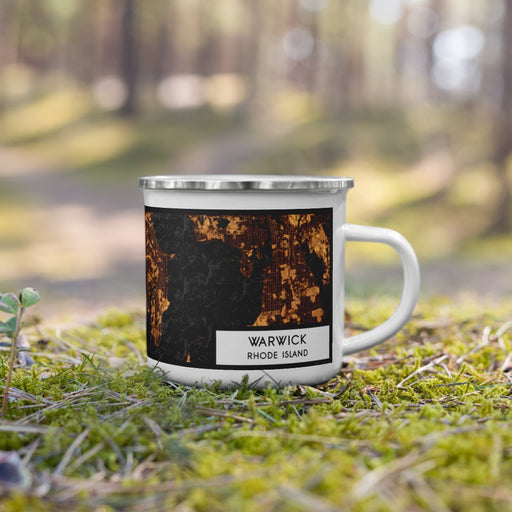 Right View Custom Warwick Rhode Island Map Enamel Mug in Ember on Grass With Trees in Background