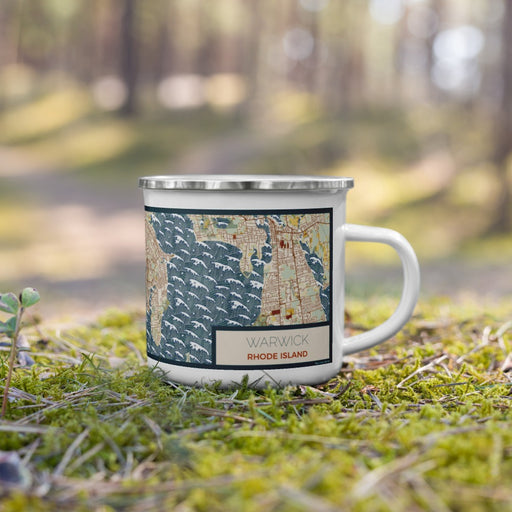 Right View Custom Warwick Rhode Island Map Enamel Mug in Woodblock on Grass With Trees in Background