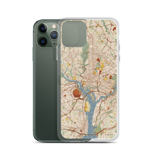 Custom Washington D.C. Map Phone Case in Woodblock on Table with Laptop and Plant