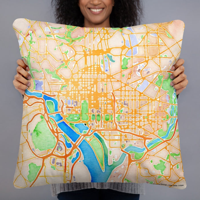 Person holding 22x22 Custom Washington D.C Map Throw Pillow in Watercolor