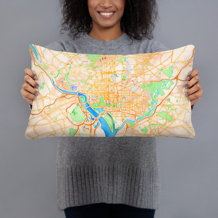Person holding 20x12 Custom Washington D.C Map Throw Pillow in Watercolor