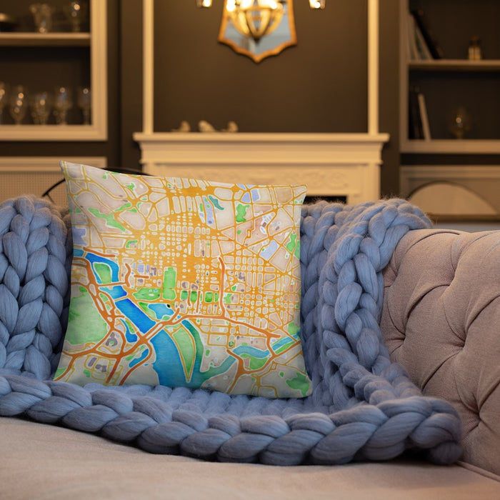 Custom Washington D.C Map Throw Pillow in Watercolor on Cream Colored Couch