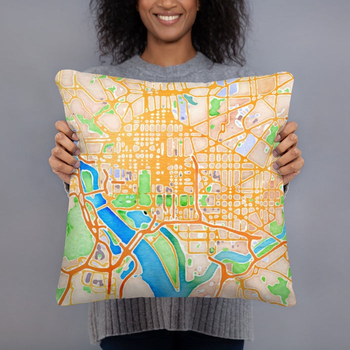 Person holding 18x18 Custom Washington D.C Map Throw Pillow in Watercolor