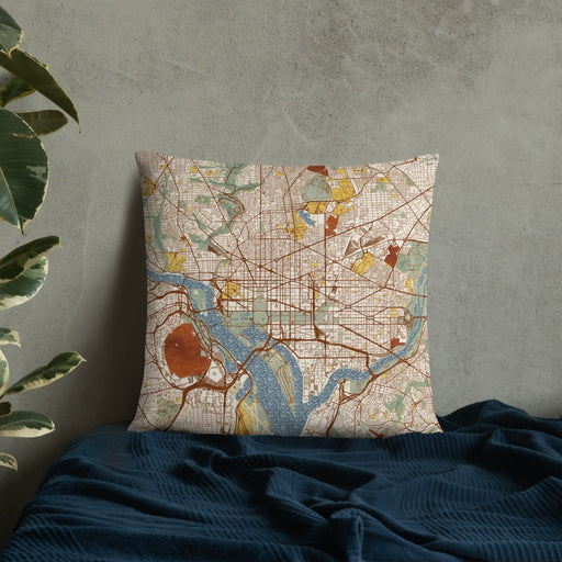 Custom Washington D.C Map Throw Pillow in Woodblock on Bedding Against Wall