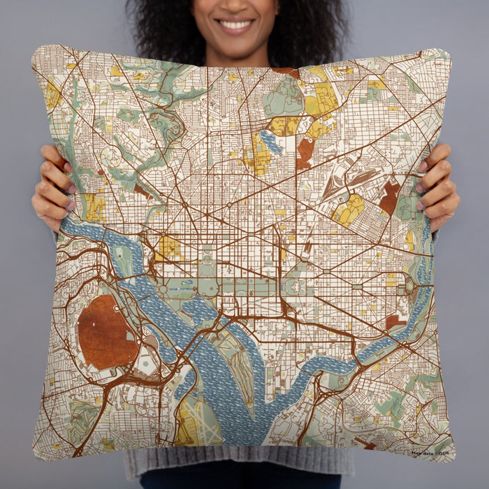Person holding 22x22 Custom Washington D.C Map Throw Pillow in Woodblock