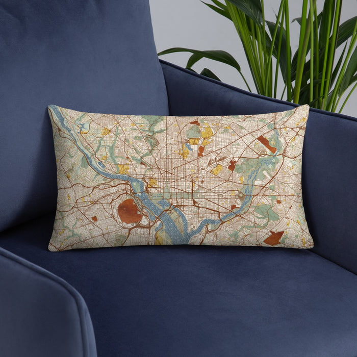 Custom Washington D.C Map Throw Pillow in Woodblock on Blue Colored Chair