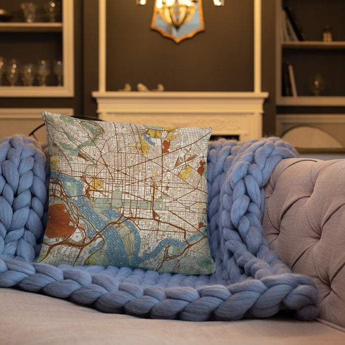 Custom Washington D.C Map Throw Pillow in Woodblock on Cream Colored Couch