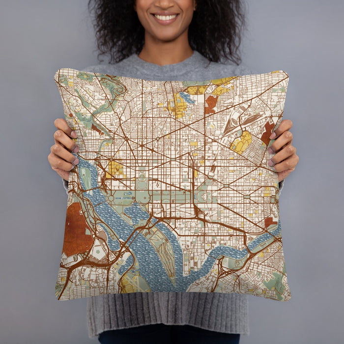 Person holding 18x18 Custom Washington D.C Map Throw Pillow in Woodblock