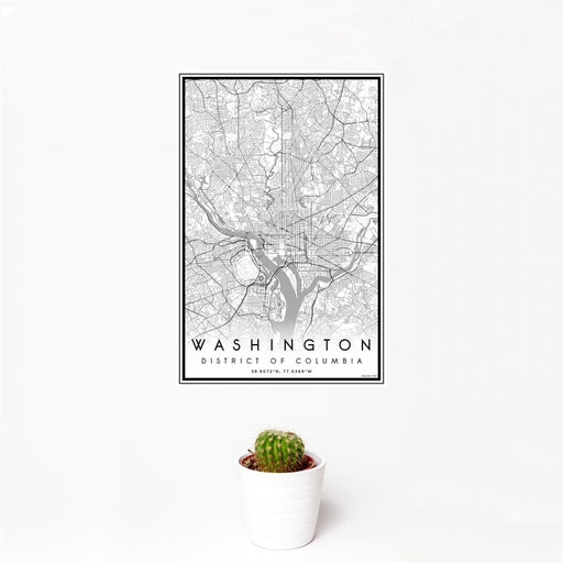 12x18 Washington District of Columbia Map Print Portrait Orientation in Classic Style With Small Cactus Plant in White Planter