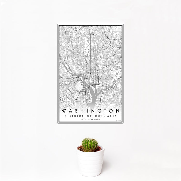 12x18 Washington District of Columbia Map Print Portrait Orientation in Classic Style With Small Cactus Plant in White Planter