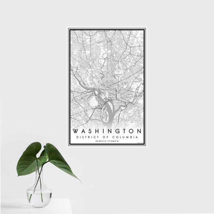 16x24 Washington District of Columbia Map Print Portrait Orientation in Classic Style With Tropical Plant Leaves in Water
