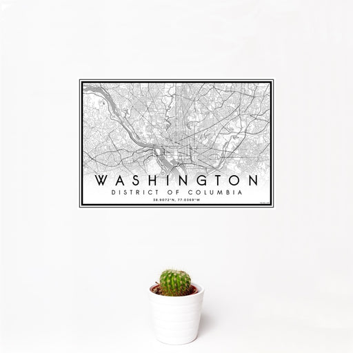 12x18 Washington District of Columbia Map Print Landscape Orientation in Classic Style With Small Cactus Plant in White Planter