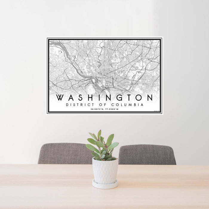 24x36 Washington District of Columbia Map Print Landscape Orientation in Classic Style Behind 2 Chairs Table and Potted Plant