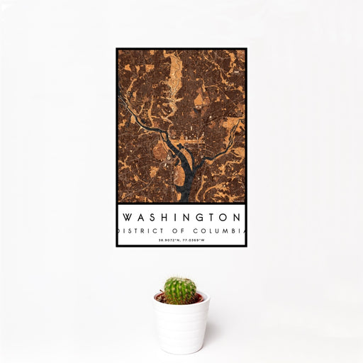 12x18 Washington District of Columbia Map Print Portrait Orientation in Ember Style With Small Cactus Plant in White Planter