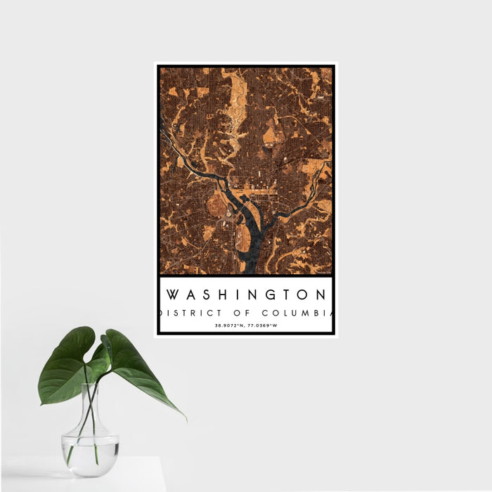 16x24 Washington District of Columbia Map Print Portrait Orientation in Ember Style With Tropical Plant Leaves in Water