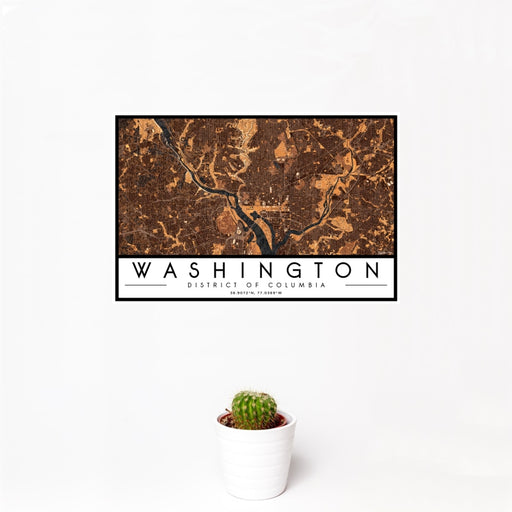 12x18 Washington District of Columbia Map Print Landscape Orientation in Ember Style With Small Cactus Plant in White Planter