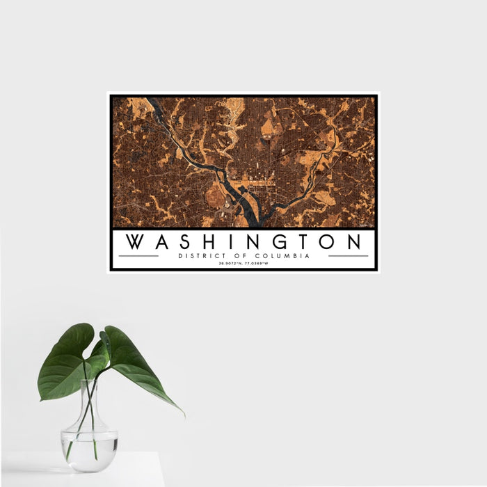16x24 Washington District of Columbia Map Print Landscape Orientation in Ember Style With Tropical Plant Leaves in Water