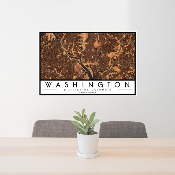 24x36 Washington District of Columbia Map Print Landscape Orientation in Ember Style Behind 2 Chairs Table and Potted Plant