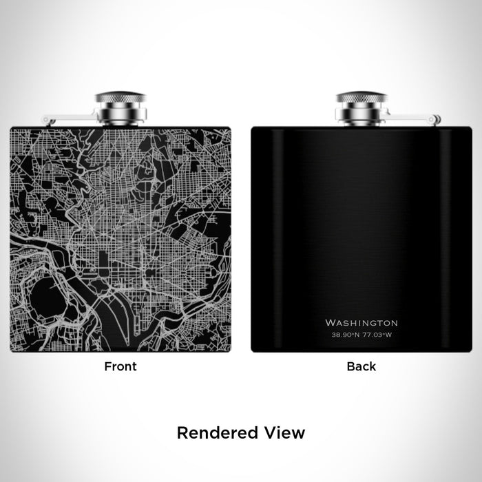 Rendered View of Washington District of Columbia Map Engraving on 6oz Stainless Steel Flask in Black