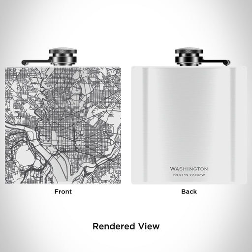 Rendered View of Washington District of Columbia Map Engraving on 6oz Stainless Steel Flask in White