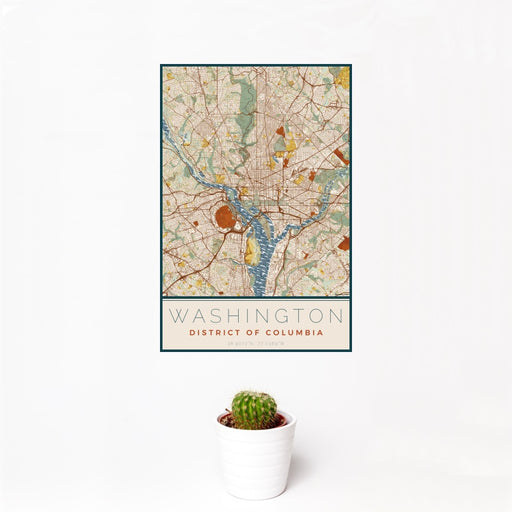 12x18 Washington District of Columbia Map Print Portrait Orientation in Woodblock Style With Small Cactus Plant in White Planter