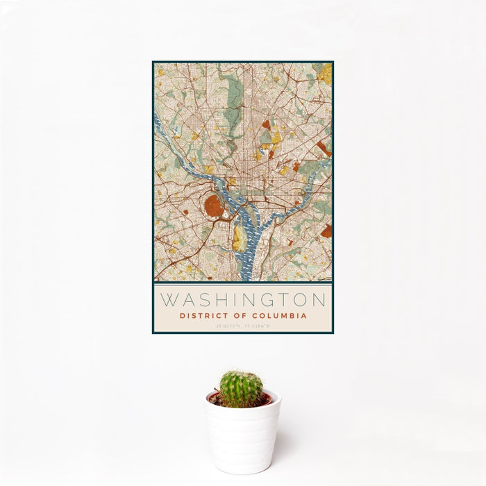 12x18 Washington District of Columbia Map Print Portrait Orientation in Woodblock Style With Small Cactus Plant in White Planter