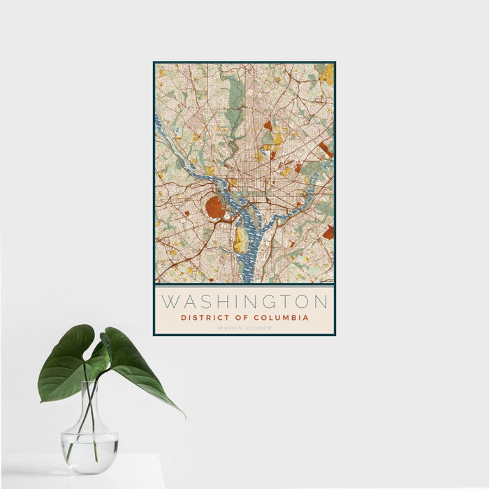 16x24 Washington District of Columbia Map Print Portrait Orientation in Woodblock Style With Tropical Plant Leaves in Water