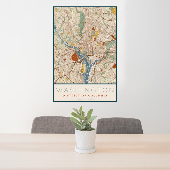 24x36 Washington District of Columbia Map Print Portrait Orientation in Woodblock Style Behind 2 Chairs Table and Potted Plant