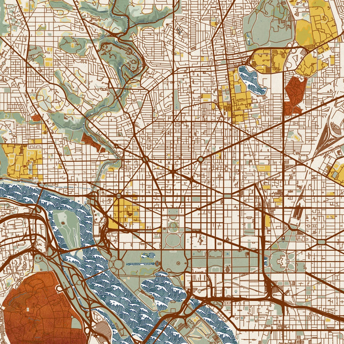 Washington District of Columbia Map Print in Woodblock Style Zoomed In Close Up Showing Details