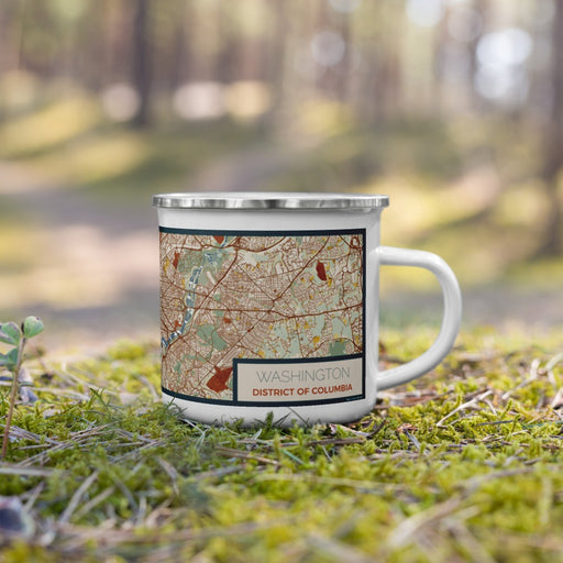 Right View Custom Washington District of Columbia Map Enamel Mug in Woodblock on Grass With Trees in Background