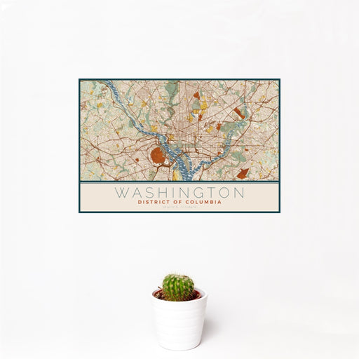12x18 Washington District of Columbia Map Print Landscape Orientation in Woodblock Style With Small Cactus Plant in White Planter