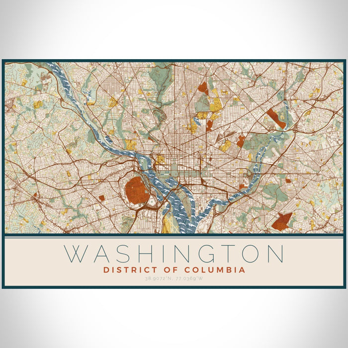 Washington District of Columbia Map Print Landscape Orientation in Woodblock Style With Shaded Background